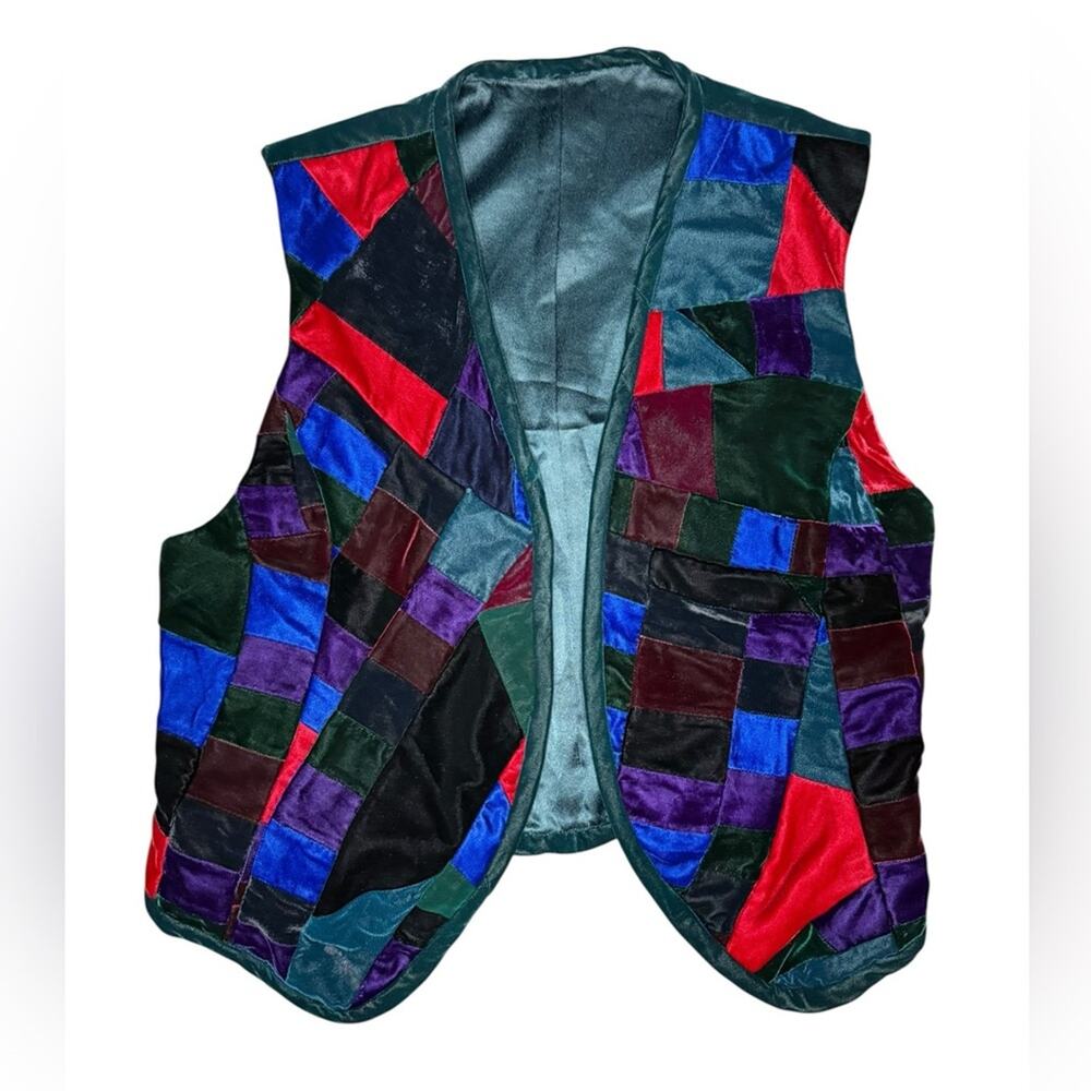 Vtg Velvet Patchwork Jewel Toned Vest Womens Size M Boho Whimsigoth Dark Romance